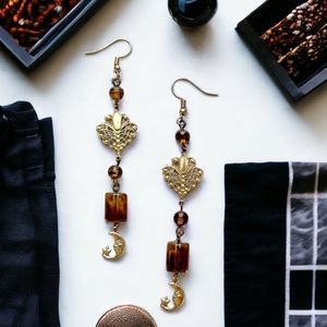Vintage Moon Earrings Artisan Dangle Beaded Gold